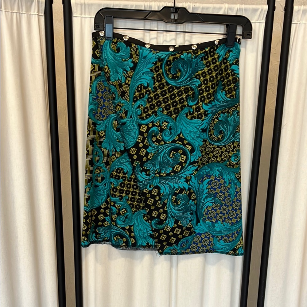 Snap Adjustable Wrap Skirt by Erin Macleod, Vibrant Black and Teal Pattern